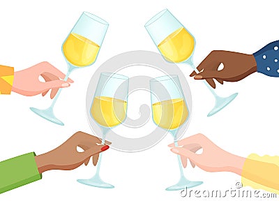 People group different nation hold hand glass champagne alcohol, celebrating time drink wine flat vector illustration Vector Illustration