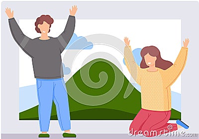 People group excited hold hands up raised arms. Winner success concept, happy characters Vector Illustration