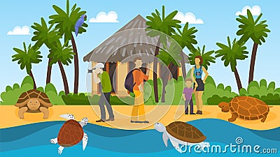 People on excursion watching wild turtles on ocean sea shore vector illustration. Tourists vacation trip to tropical Vector Illustration