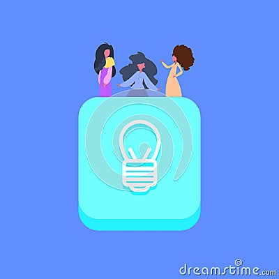 People group on light lamp idea icon creative team over blue background flat Vector Illustration