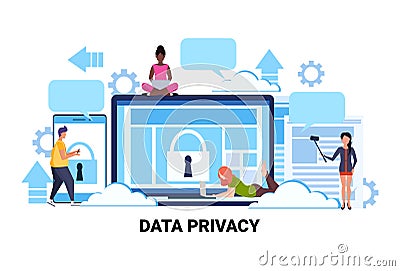 People group padlock computer screen data protection privacy concept team working process cyber security network safety Vector Illustration