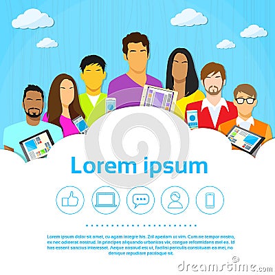 People Group Phone Table Devices Social Cloud Vector Illustration