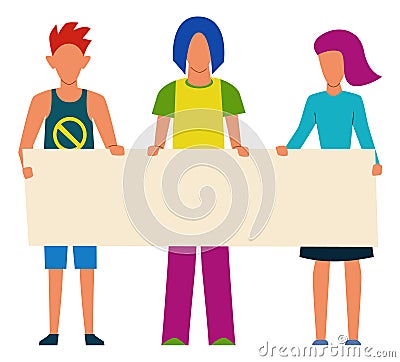 People group protesting together with blank paper banner Vector Illustration