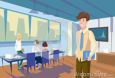 People Group Sitting Classroom Student Desk University Lecture, Business Seminar Vector Illustration