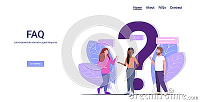 People group standing near question mark mix race team online support center frequently asked questions FAQ concept full Vector Illustration