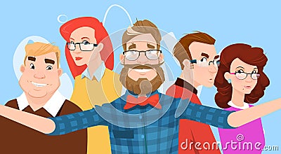 People Group Taking Selfie Photo On Smart Phone Colorful Casual Hipster Friends Vector Illustration