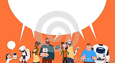 People Group Using Modern Robots, Robotic Assistance Artificial Intelligence Concept Vector Illustration