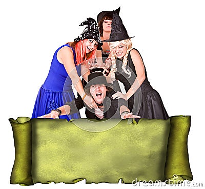 People group witch costume, scroll banner grunge Stock Photo