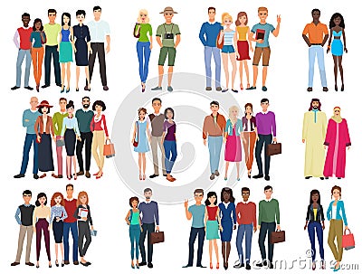 People groups and couples collection. Diverse cartoon humans in office and casual outfits clothes, young students Vector Illustration