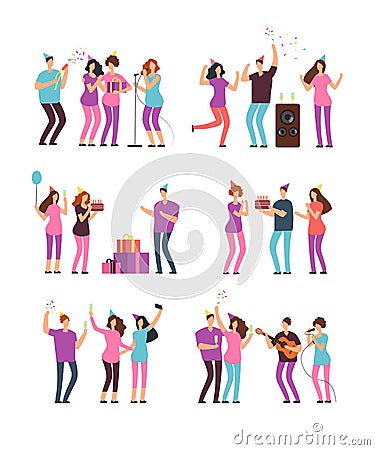 People groups at family birthday party with firecracker, cake and balloons. Vector cartoon minimal characters isolated Vector Illustration