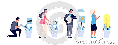 People grow dreams. Desire for success metaphor. Flat people water potted plants, dreams growth vector concept Vector Illustration