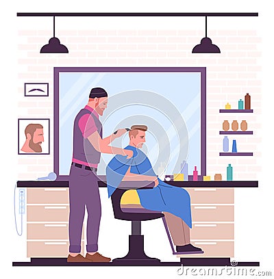 People in hair salon. Barber with customer. Hairdresser makes haircut. Client sitting on armchair. Haircutter trimming Vector Illustration