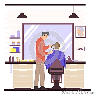 People in hair salon. Barber with customer. Hairdresser makes haircut. Client sitting on armchair. Haircutter trimming Vector Illustration