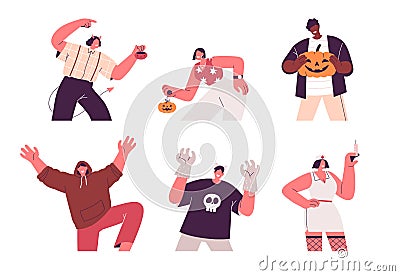 People in Halloween party costumes with holiday pumpkins set. Happy adult characters disguised in devil, nurse for Vector Illustration