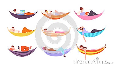 People in hammocks. Man lying relaxing swing hammock, freelancer working laptop reading book home or sea palm beach Vector Illustration