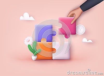 People hand connecting puzzle elements. Business approach, brainstorming. 3D Web Vector Illustrations Vector Illustration