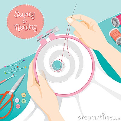 People Hand Darning Clothes In Embroidery Hoop Vector Illustration