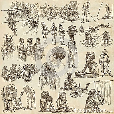 People - An hand drawn pack. Collection of Natives around the World. Freehand sketching, drawing. Stock Photo