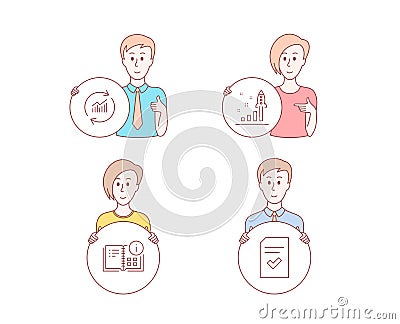 Instruction info, Update data and Development plan icons. Checked file sign. Vector Vector Illustration