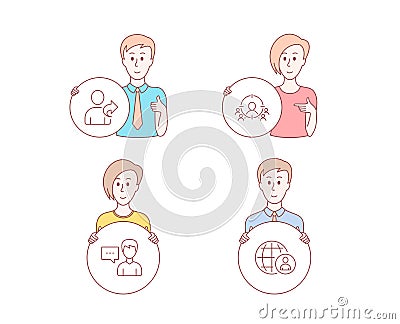 Refer friend, Person talk and Business targeting icons. International recruitment sign. Vector Vector Illustration
