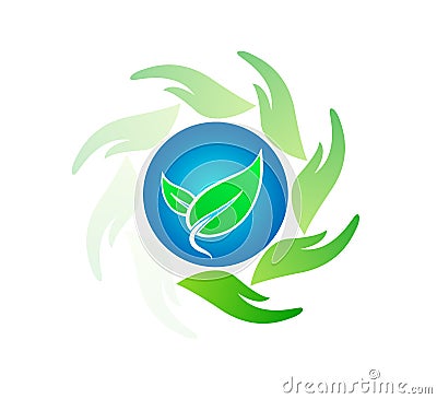 People Hands in Circle, nature, green leaf, eco concept logo. Cartoon Illustration