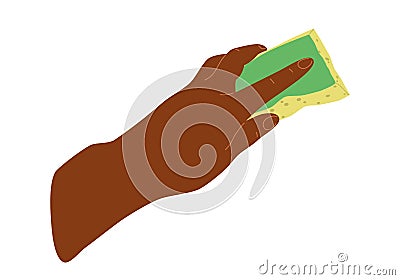 People hands doing house cleaning routine close up vector illustration. Left handed palm with cleaning sponge flat style Vector Illustration