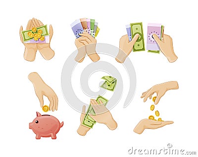 People hands holding cash money golden coin dollar euro set. Human arms putting wealth in piggy bank Stock Photo