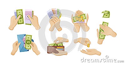 People hands holding cash money golden coin dollar and euro set Vector Illustration