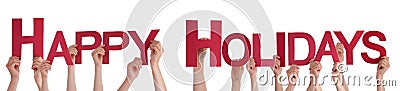 People Hands Holding Red Straight Word Happy Holidays Stock Photo