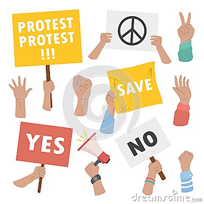 People hands holding strike and manifestation protest signs Vector Illustration