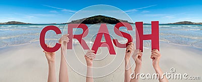 People Hands Holding Word Crash, Ocean Background Stock Photo