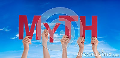 People Hands Holding Word Myth, Blue Sky Stock Photo