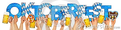 People hands oktoberfest lettering beer mugs Stock Photo