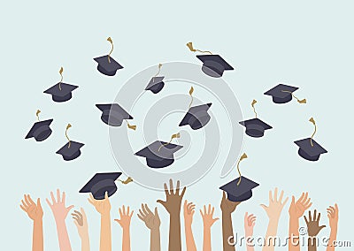 People hands throwing graduation hats in the air. Graduating students Vector Illustration