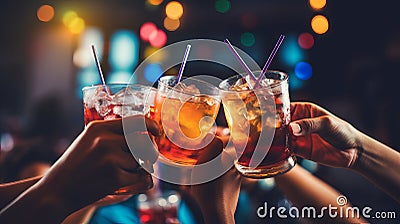 People hands toasting multicolored fancy drinks - Young Stock Photo