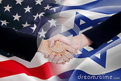 People handshake with the american and israel flags Stock Photo