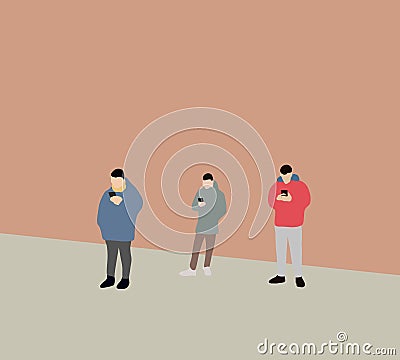 Three man smart phone addicted for Social Media, Online Shopping, Texting on Dating App. Vector Illustration