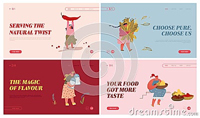 People Harvesting and Sell Spices and Herbs on Market Website Landing Page Set. Women Holding Huge Seasoning Spice Vector Illustration