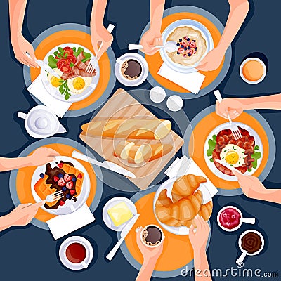 People have breakfast. Top view flat cartoon illustration of brunch meal. Morning food menu design elements Vector Illustration