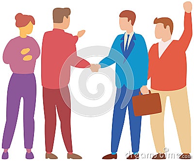 People have business meeting discussion. Partners shaking hands after signing contract, agreement Vector Illustration