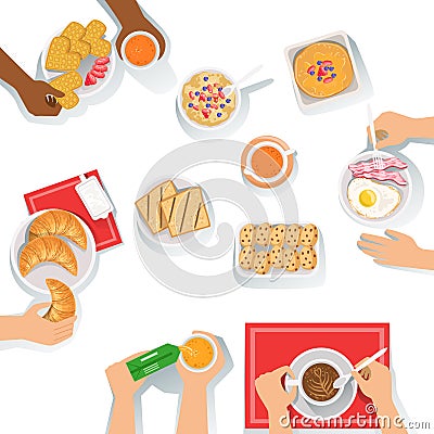 People Having Breakfast Morning Meal Together With Different Sets Of Drinks And Food Cartoon Illustration. Vector Illustration