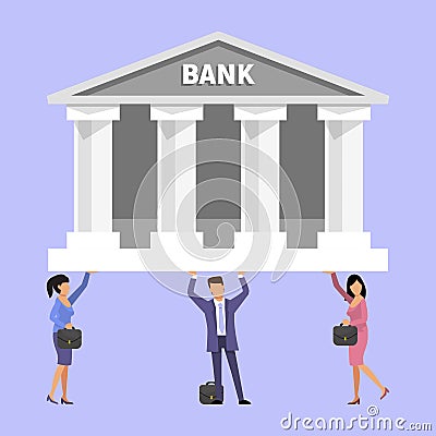 People having difficulties handling mortgage, loan, debt interest rate for home by holding bank building on their Vector Illustration