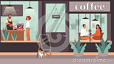 People having lunch in cafe. Female and male characters drink coffee Vector Illustration