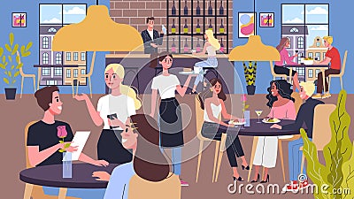 People having lunch in restaurant. Female and male characters eating in cafe. Vector Illustration