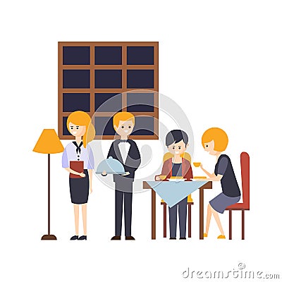 People Having Meal At The Restaurant With Waiter And Administrator Beside Hotel Themed Primitive Cartoon Illustration Vector Illustration