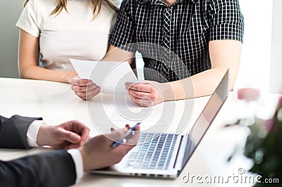 People having meeting about mortgage, bank loan, buying house. Stock Photo