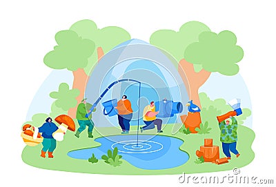 People Having Outdoors Active Nature Rest. Male and Female Characters Hobby at Leisure Time, Men and Women Relaxing Vector Illustration