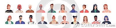 People head portraits set. Diverse men and women faces of different age and race. Happy modern young and old person Vector Illustration