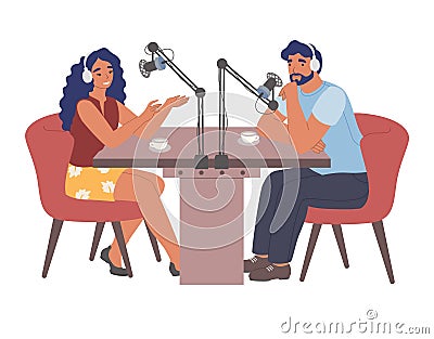 People in headphones recording audio podcast in studio with microphones, flat vector illustration. Radio host interview. Vector Illustration