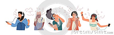 People with headphones. Yong boys and girls listen to music and enjoy sound. Vector hand drawn cartoon characters set Vector Illustration